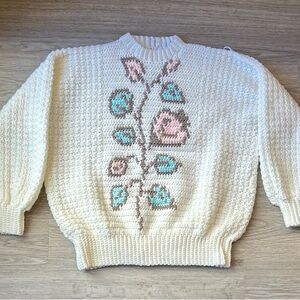 Vintage Hand Knit Sweater Cream with Pink & Blue Floral Design Size L/XL